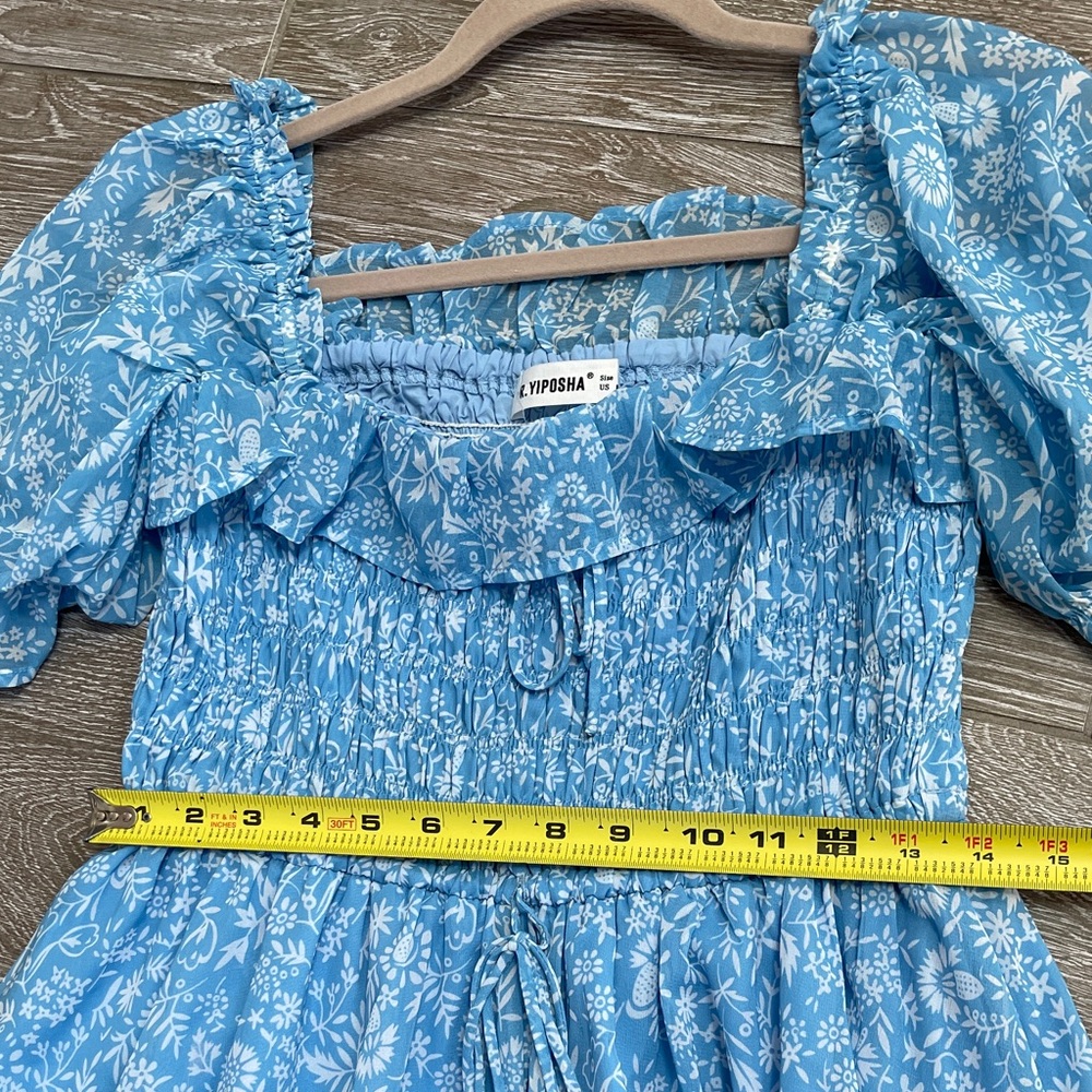 Sky Blue Floral Square-Neck Maxi Dress with Puff Sleeves - Picture 9 of 11